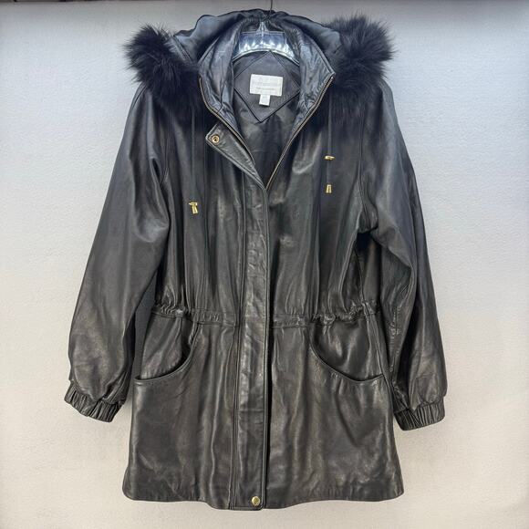 Worthington Leather Parka Women's L Black Lamb Skin Dyed Fox Fur Trim Hood EUC